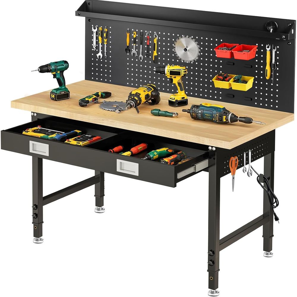 Woodworking Workbench - 60 Adjustable Workbench with Drawers, Garage