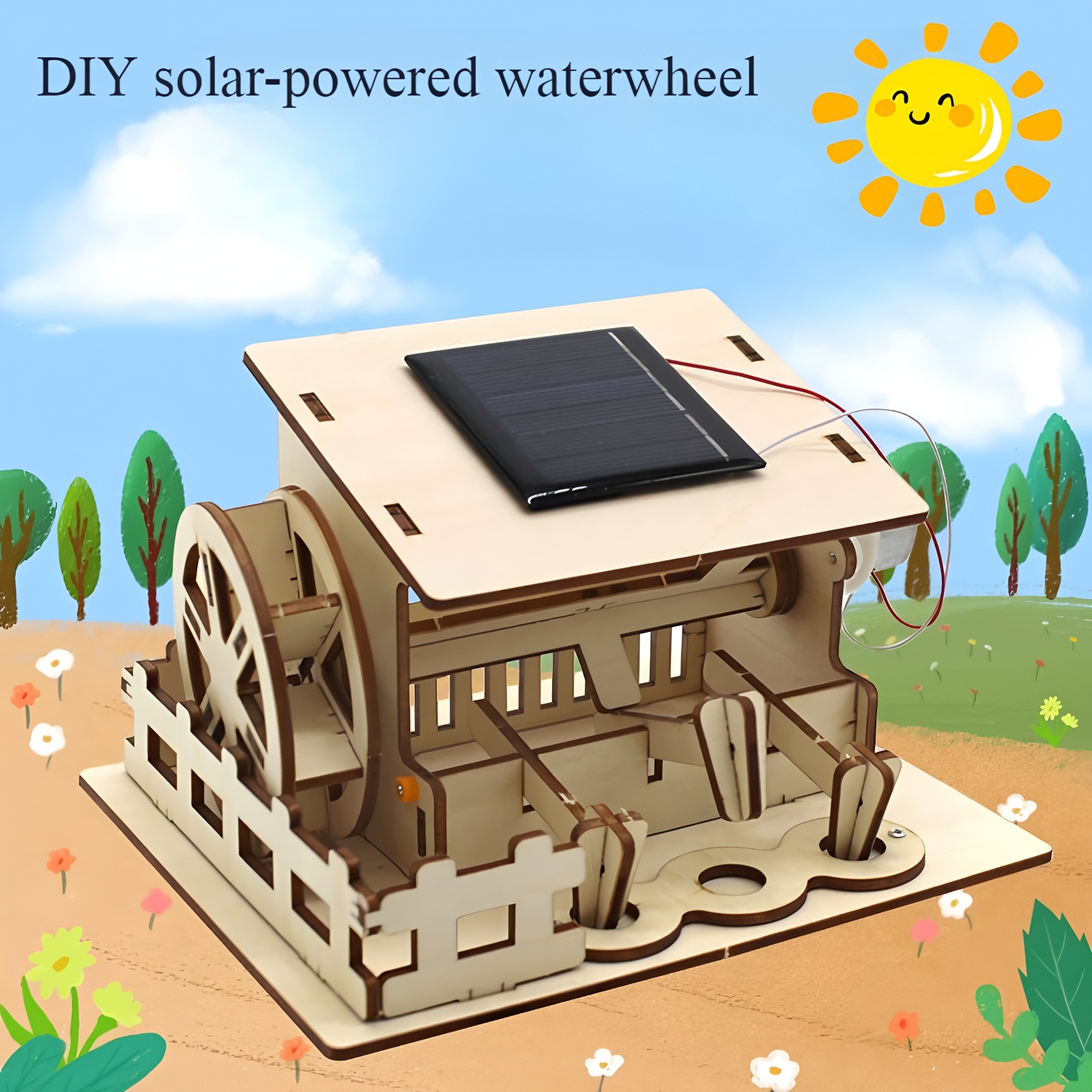 Woodworking Jigsaw - Solar-powered waterwheel, Diy handcrafted assembly model,